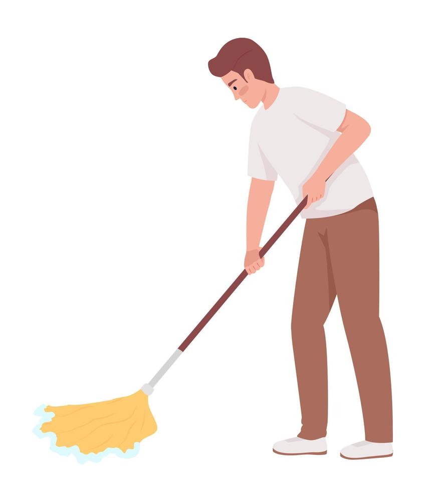 hombre limpiando el suelo con fregona de carácter vectorial de color semiplano. tarea domestica figura editable. persona de cuerpo completo en blanco. ilustración de estilo de dibujos animados simple para diseño gráfico web y animación vector