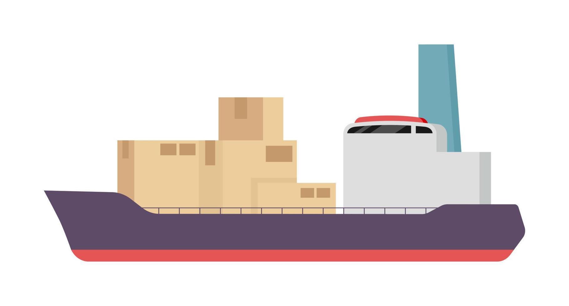 Cargo vessel with cardboard boxes semi flat color vector object. Shipment. Editable item. Full sized element on white. Simple cartoon style illustration for web graphic design and animation