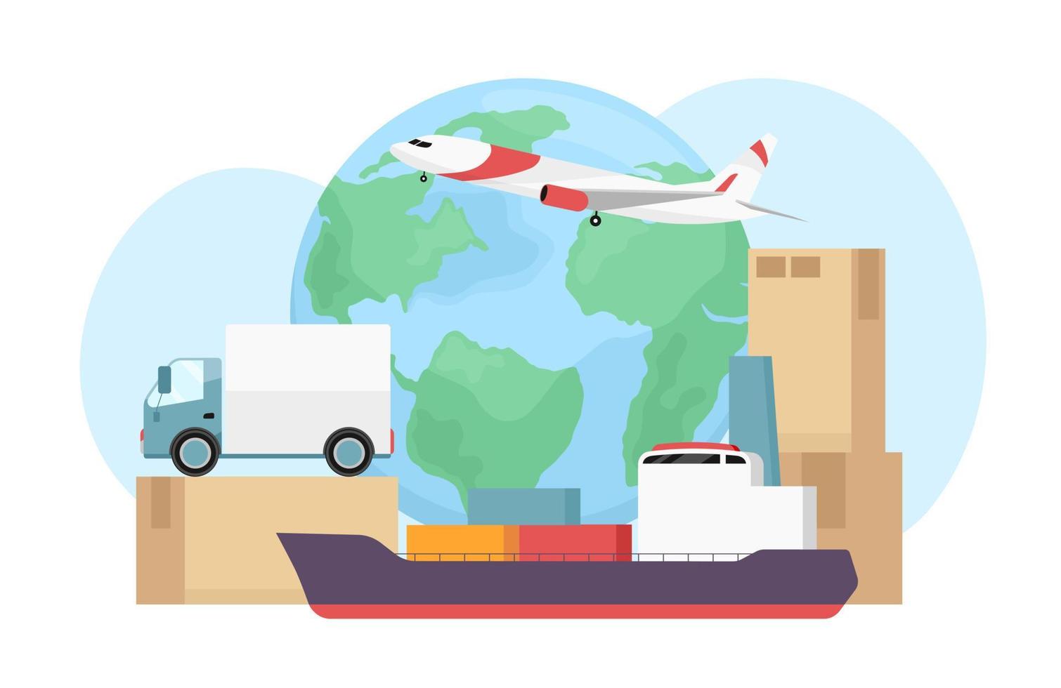 Delivery methods around world flat concept vector illustration. Editable 2D cartoon scene on white for web design. Ship, plane and van transporting creative idea for website, mobile, presentation