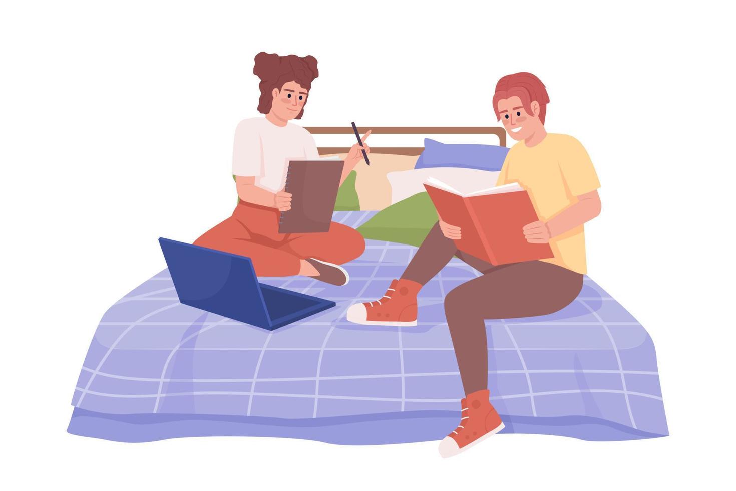 Friends doing homework together semi flat color vector characters. Siblings. Editable figures. Full body people on white. Simple cartoon style illustration for web graphic design and animation