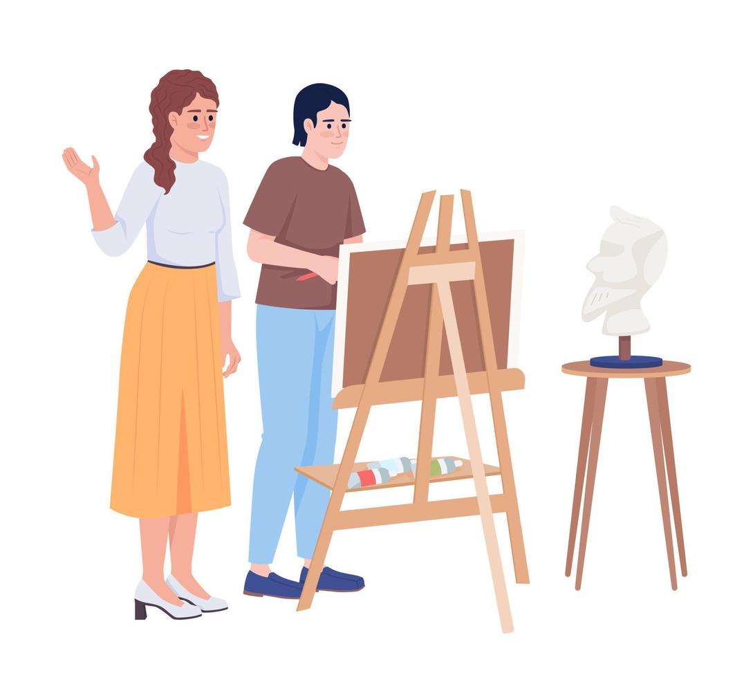 Educator teaching student portrait drawing semi flat color vector characters. Editable figures. Full body people on white. Simple cartoon style illustration for web graphic design and animation