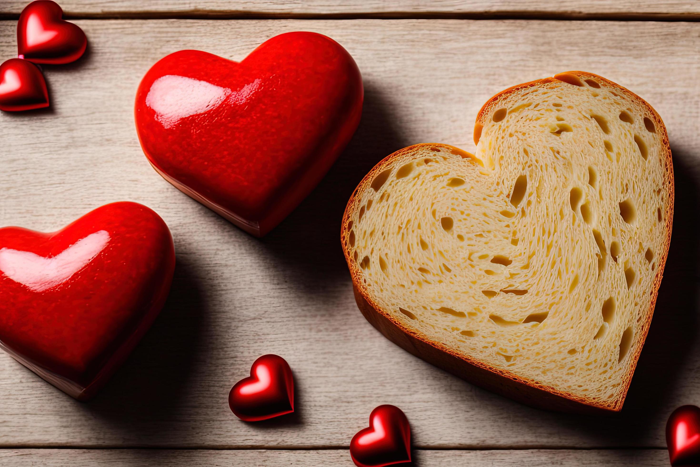 photography of white bread and boiled sausage for making hearts , love
