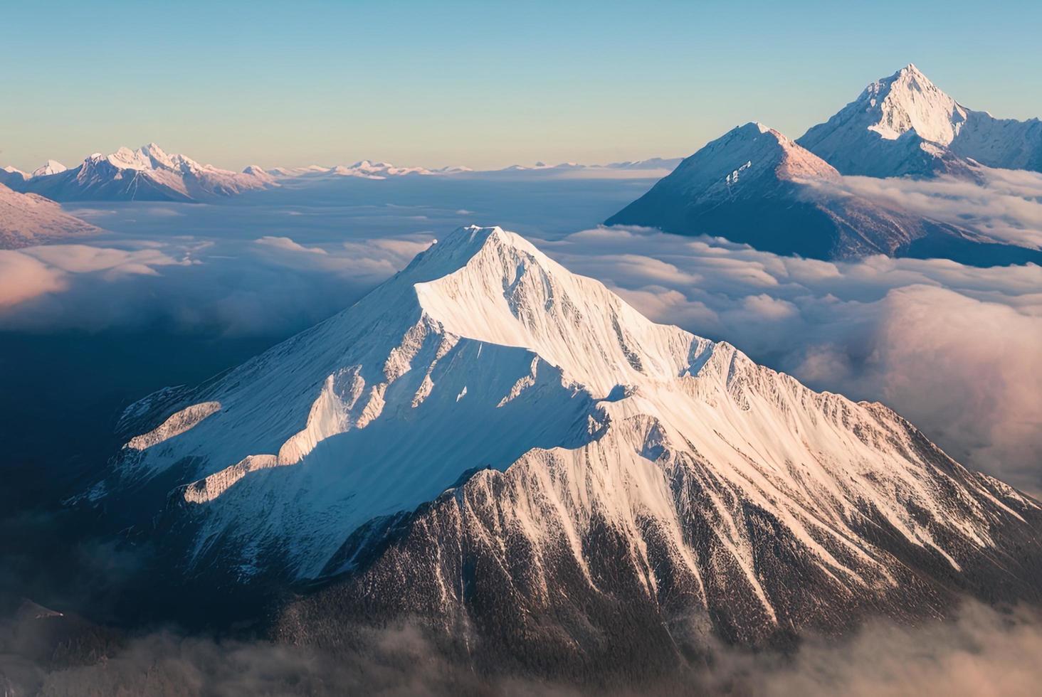 aerial landscape photo shot of a mountain from above, mist and snow