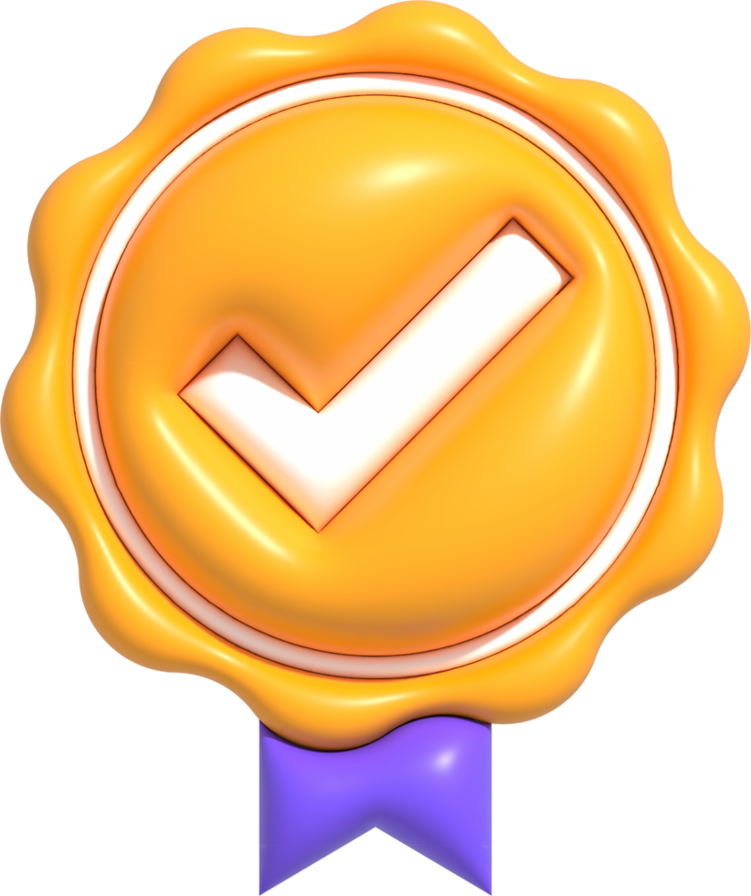 Symbole de garantie de haute qualité 3d, bouton de médaille avec coche, icône de la meilleure qualité de produit et de service, certification de contrôle de qualité standard illustration de rendu 3d png