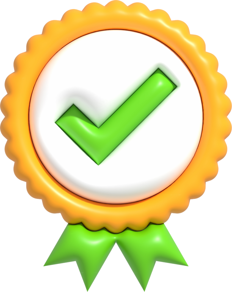 3d hög kvalitet garanti symbol, medalj knapp med bock, bäst kvalitet av produkt och service ikon, standard kvalitet kontrollera certifiering 3d framställa illustration png