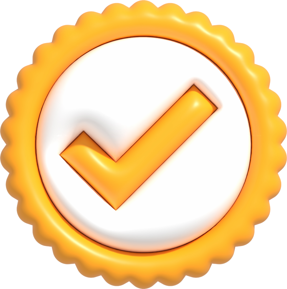 Symbole de garantie de haute qualité 3d, bouton de médaille avec coche, icône de la meilleure qualité de produit et de service, certification de contrôle de qualité standard illustration de rendu 3d png