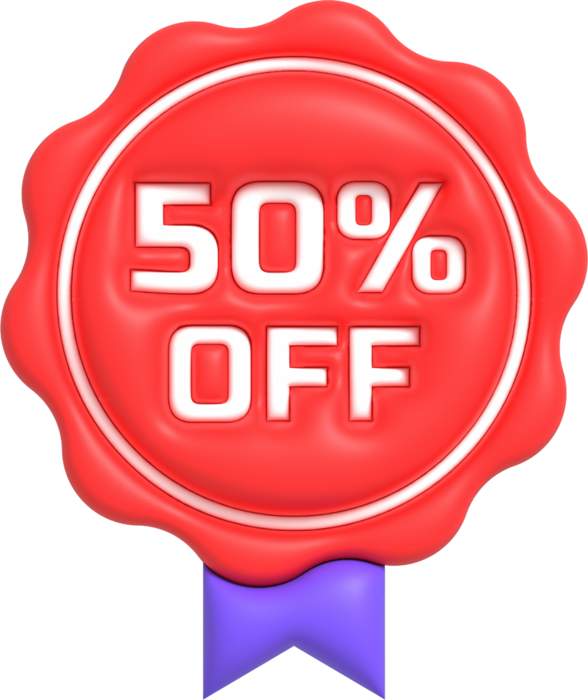 Sale off 3D icon, Special offer discount with the price 50 percent OFF. Red label for advertising campaign 3D render png