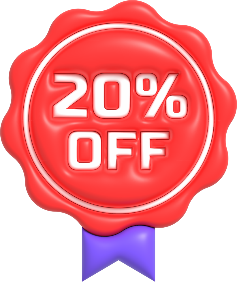 Sale off 3D icon, Special offer discount with the price 20 percent OFF. Red label for advertising campaign 3D render png