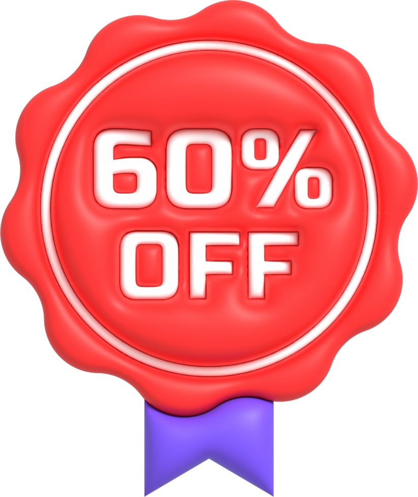 Sale off 3D icon, Special offer discount with the price 60 percent OFF. Red label for advertising campaign 3D render png