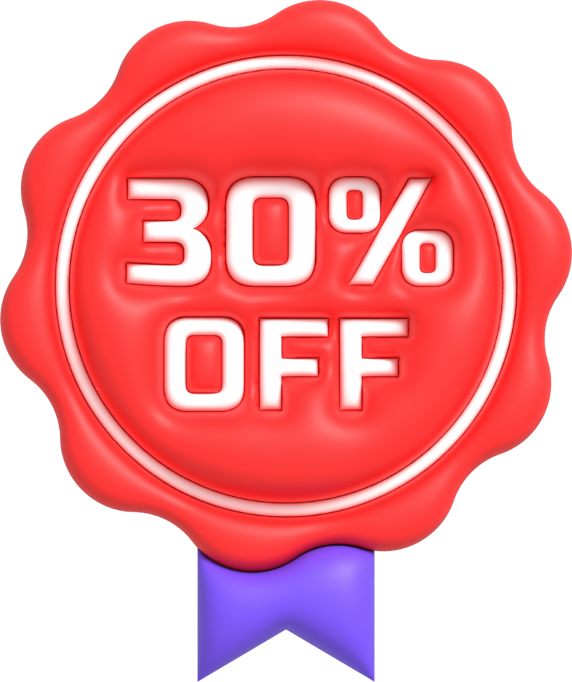 försäljning av 3d ikon, särskild erbjudande rabatt med de pris 30 procent av. röd märka för reklam kampanj 3d framställa png