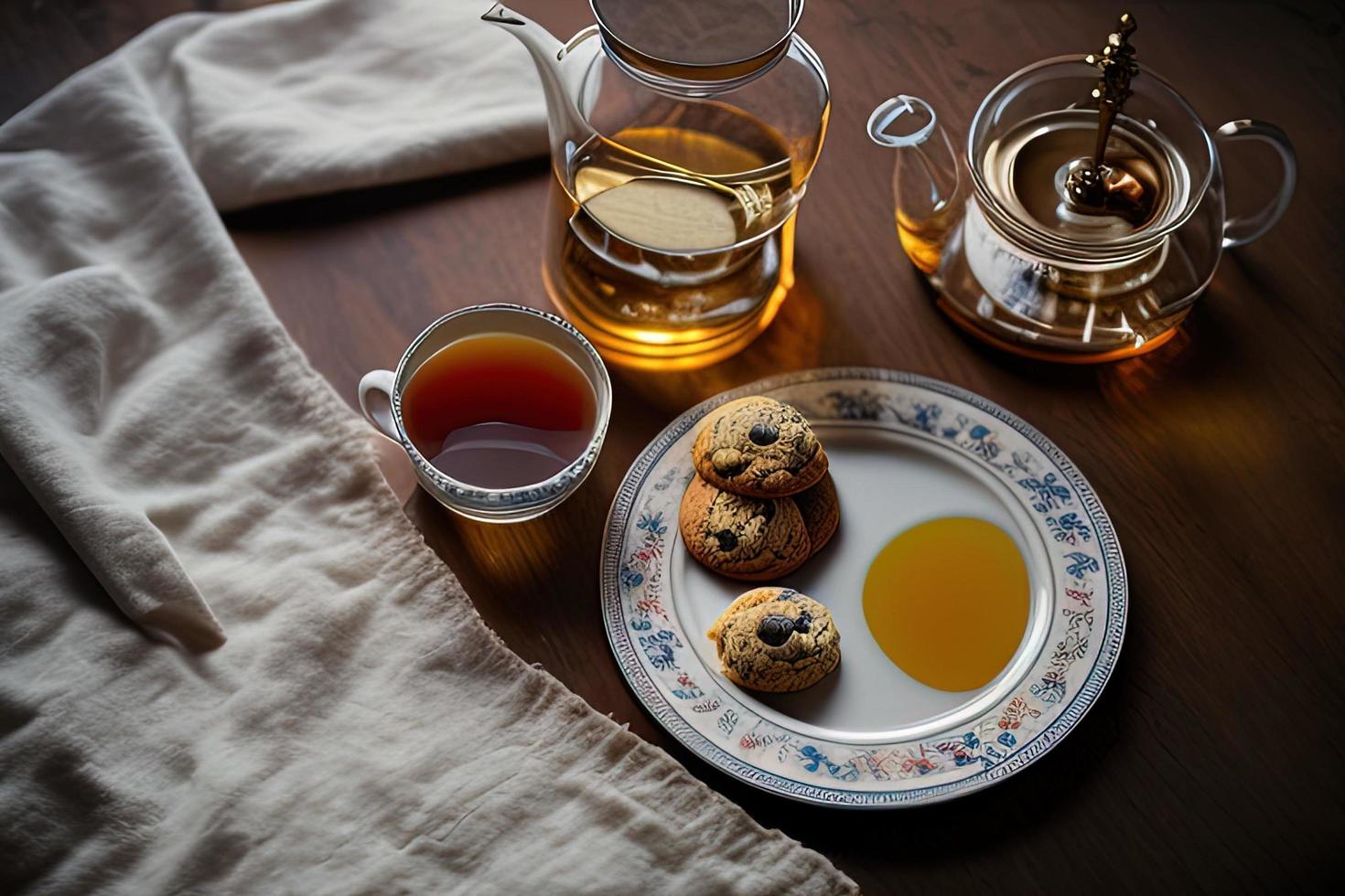 fotografía de un plato de galletas y un vaso de té sobre una mesa con un paño y una servilleta encima foto