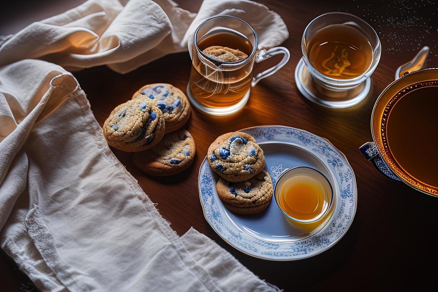 photography of a plate of cookies and a glass of tea on a table with a cloth and a napkin on it photo