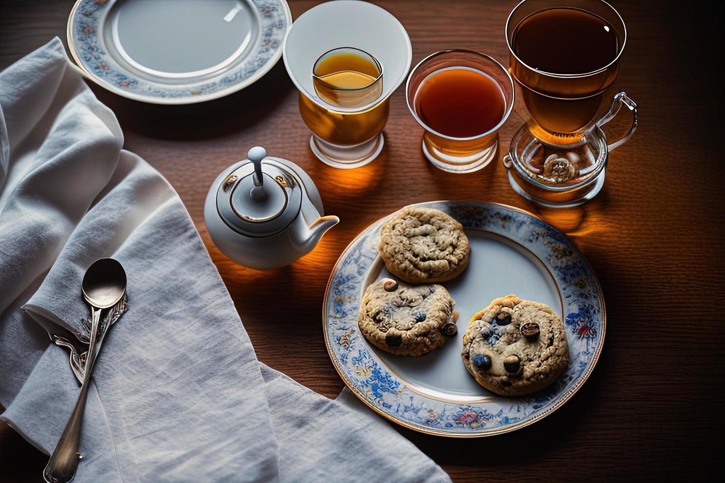 photography of a plate of cookies and a glass of tea on a table with a cloth and a napkin on it photo