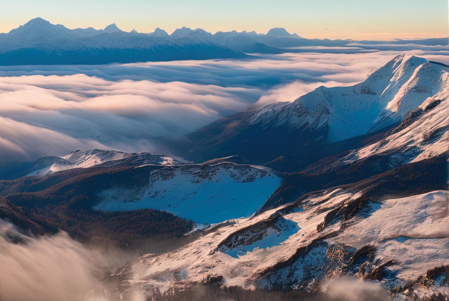 aerial landscape photo shot of a mountain from above, mist and snow