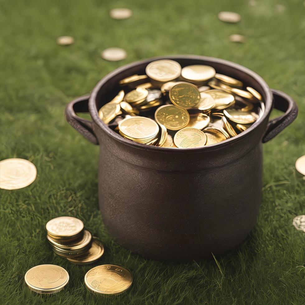 photo close-up of a leprechaun's pot full of coins and gold, San Patrick's Day