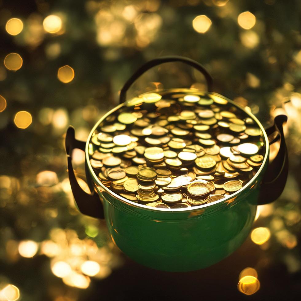foto de primer plano de la olla de un duende llena de monedas y oro, día de san patricio