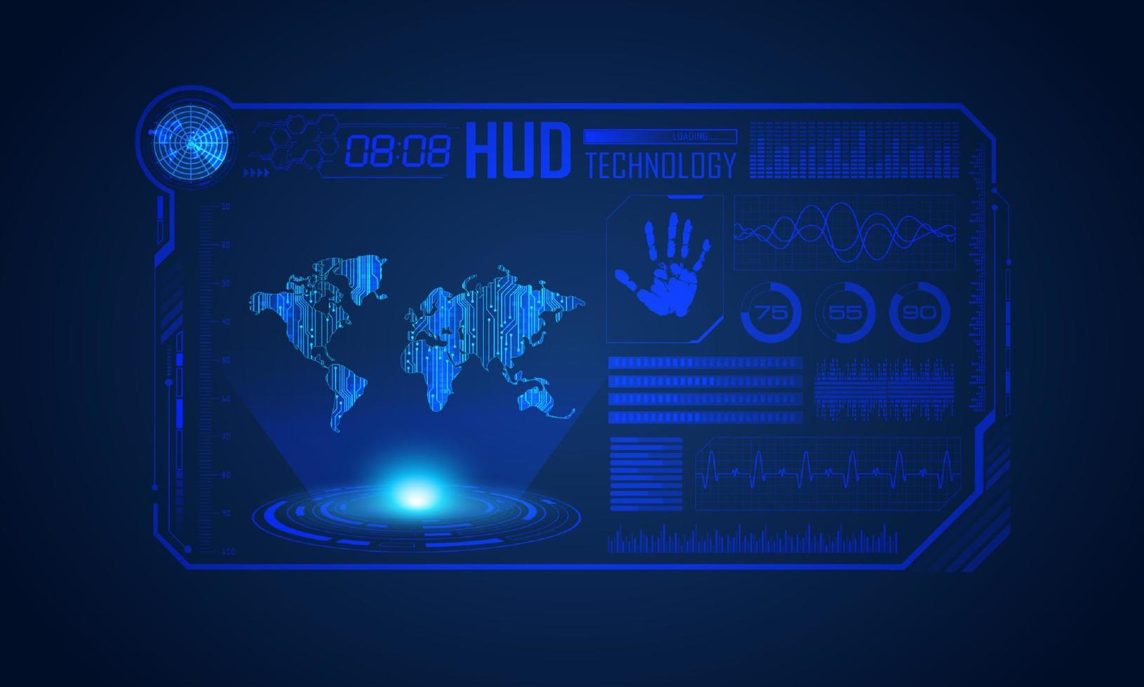 Blue Modern HUD Technology Screen Background with world map vector