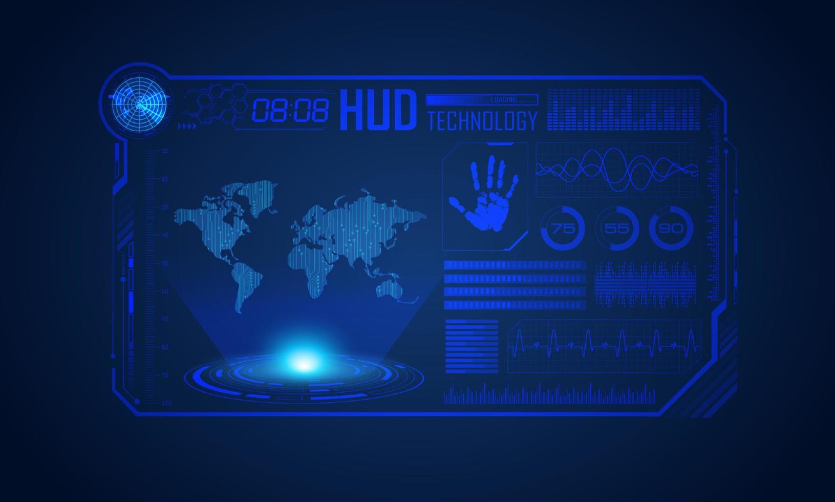 fondo de pantalla de tecnología hud moderna azul con mapa mundial vector