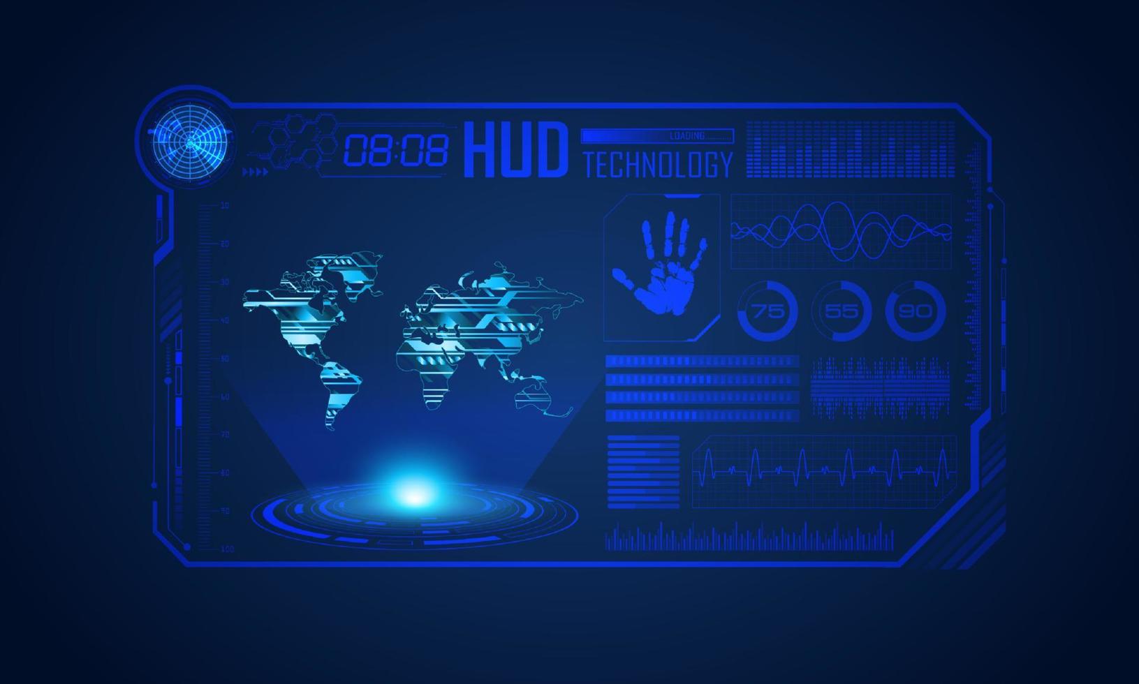 fondo de pantalla de tecnología hud moderna azul con mapa mundial vector