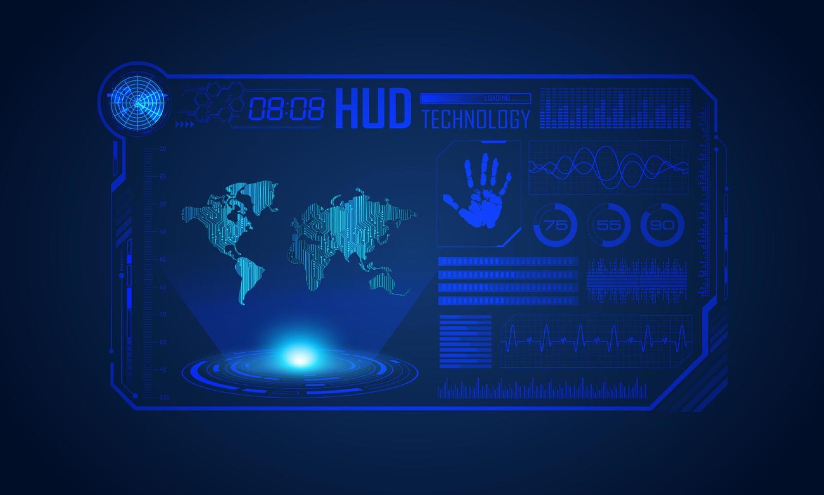 Blue Modern HUD Technology Screen Background with world map vector