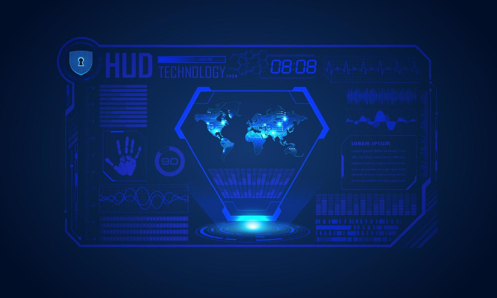 Blue Modern HUD Technology Screen Background with world map vector