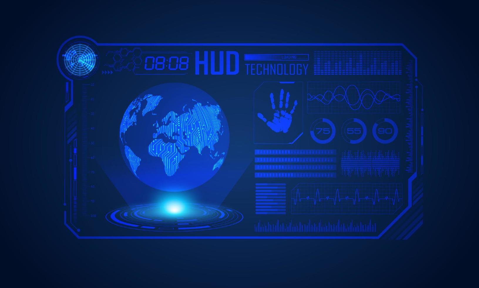 fondo de pantalla de tecnología hud moderna azul con mapa mundial vector