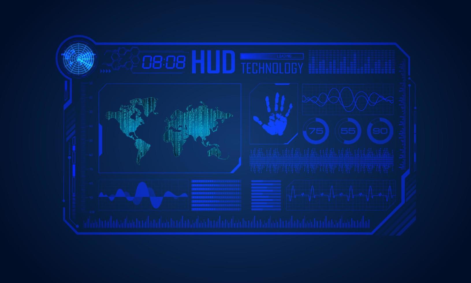 fondo de pantalla de tecnología hud moderna azul con mapa mundial vector