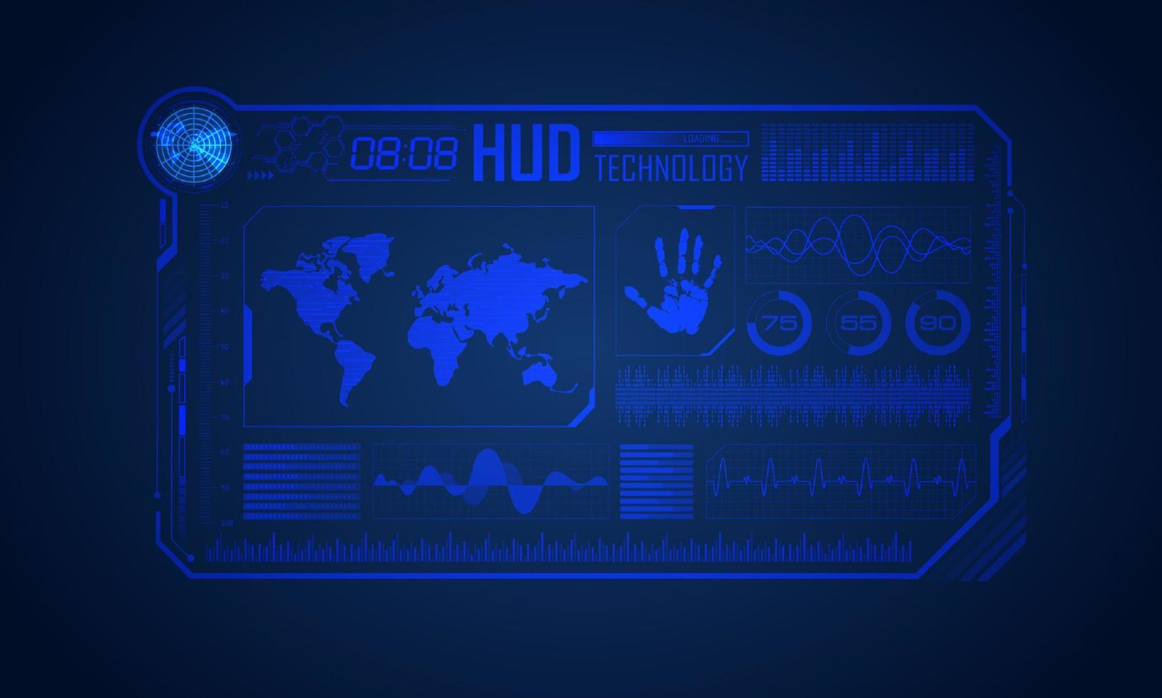 fondo de pantalla de tecnología hud moderna azul con mapa mundial vector