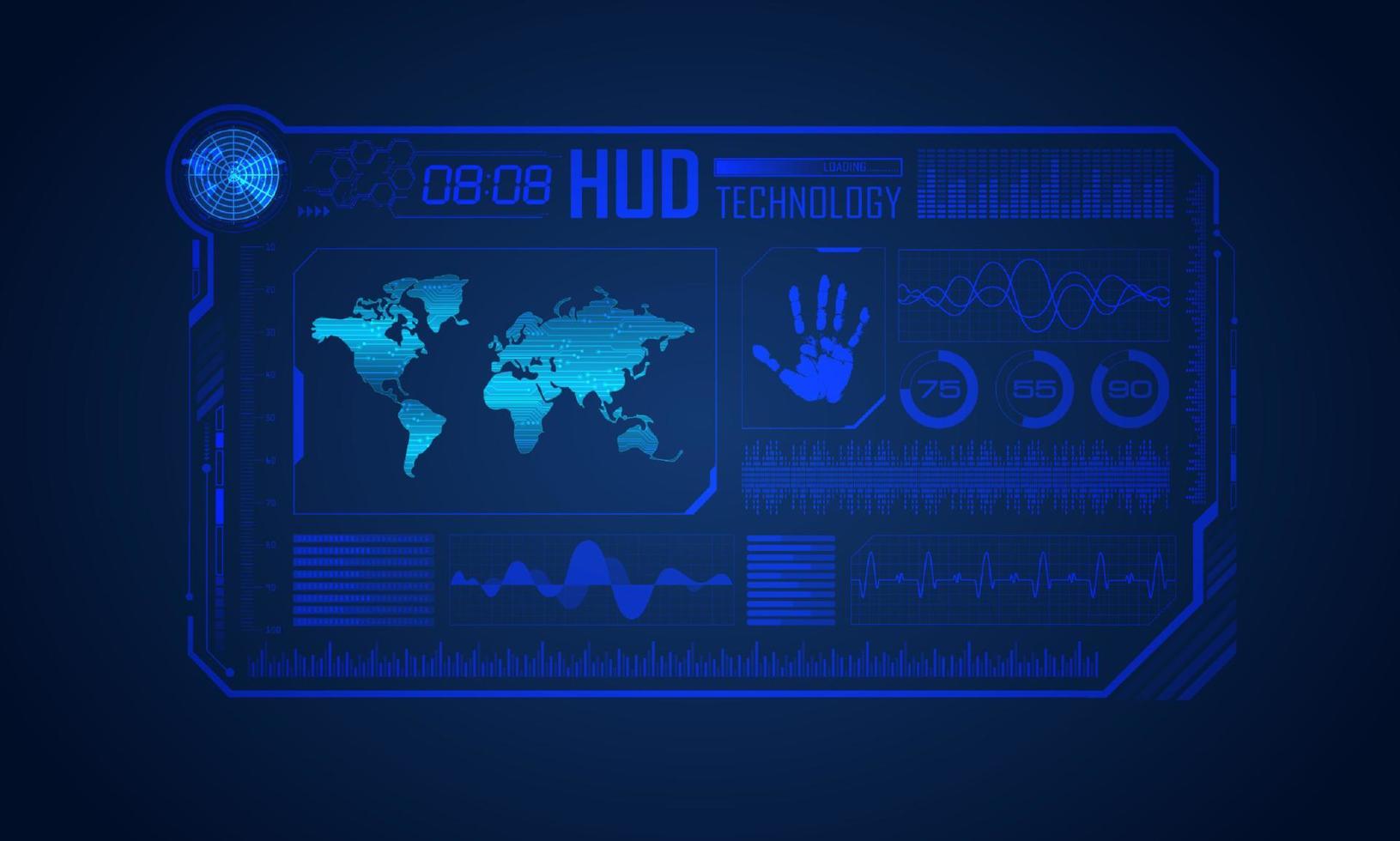 fondo de pantalla de tecnología hud moderna azul con mapa mundial vector