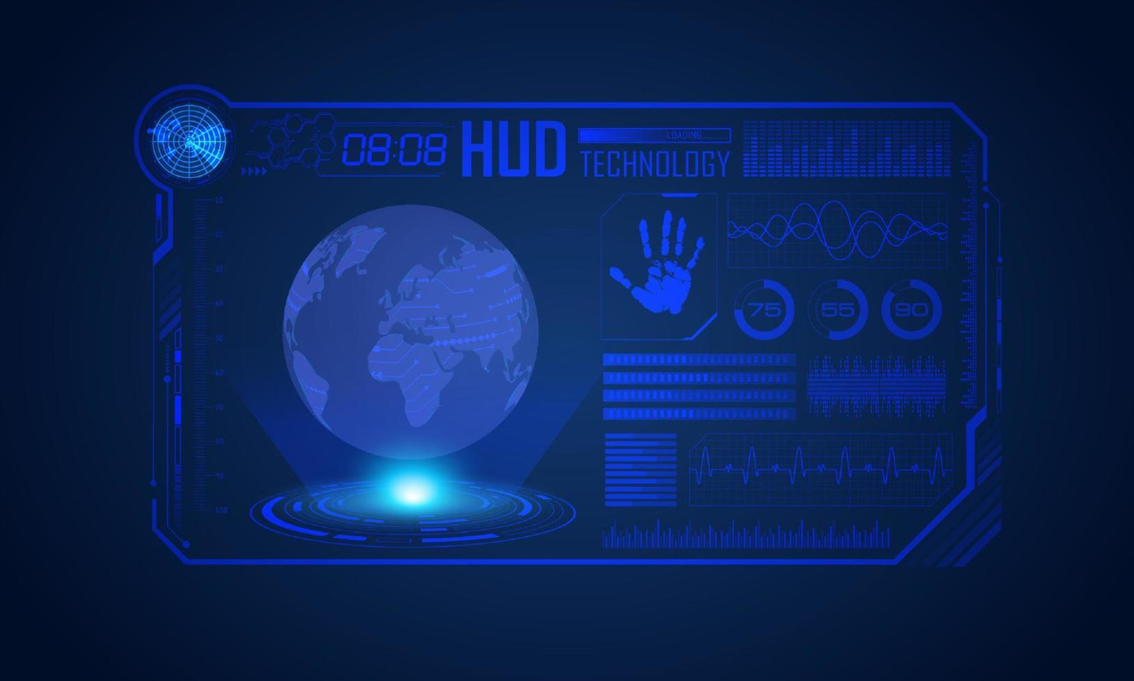 fondo de pantalla de tecnología hud moderna azul con mapa mundial vector