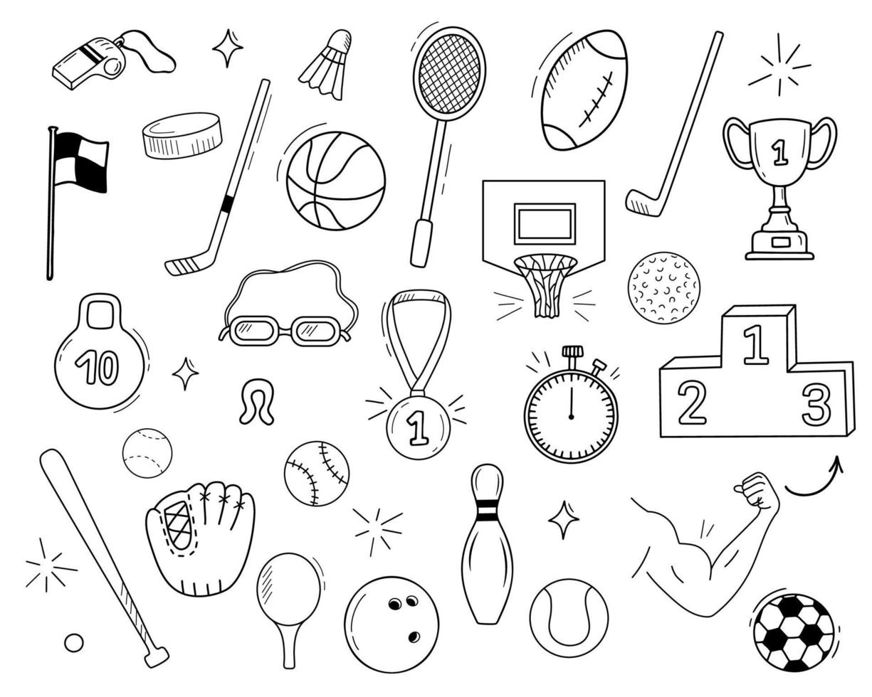 conjunto de iconos de deporte de fideos dibujados a mano. clipart vectorial aislado en blanco. baloncesto, béisbol, tenis, golf y bolos. vector