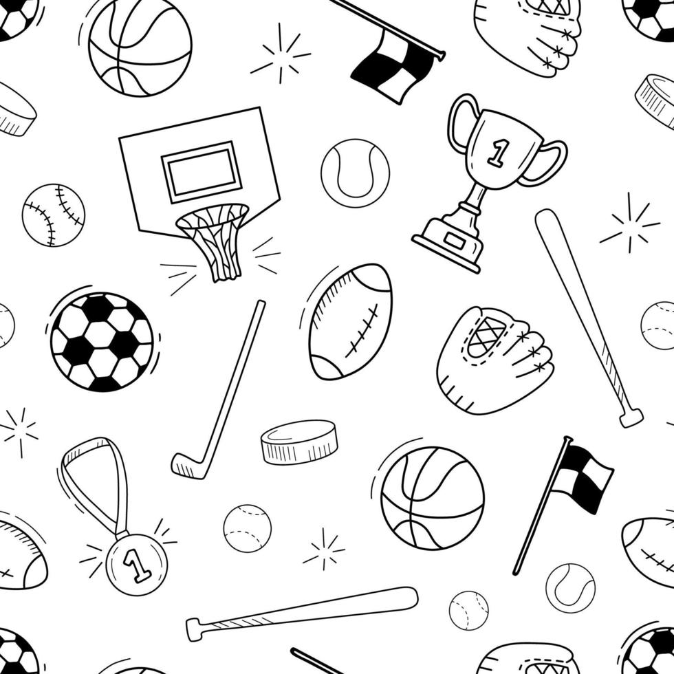 patrón monocromo deportivo sin costuras con pelotas, bandera y medalla. línea doodle tenis, rugby y fútbol, pelotas sobre fondo blanco. vector