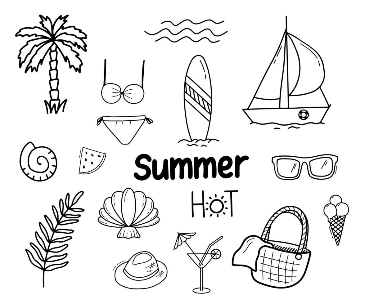 Vector set with palm tree branch, sailboat, sunglasses and surfboard. Vacation on ocean, summer seaside resort. Doodle hand drawn illustrations isolated on white background