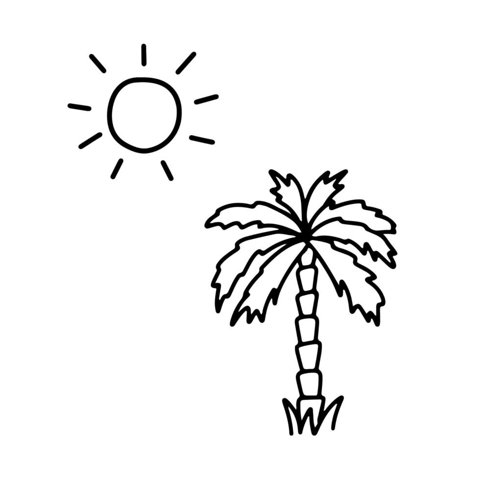 boceto de línea de palmera y sol. Ilustración de vector de garabato lindo aislado sobre fondo blanco