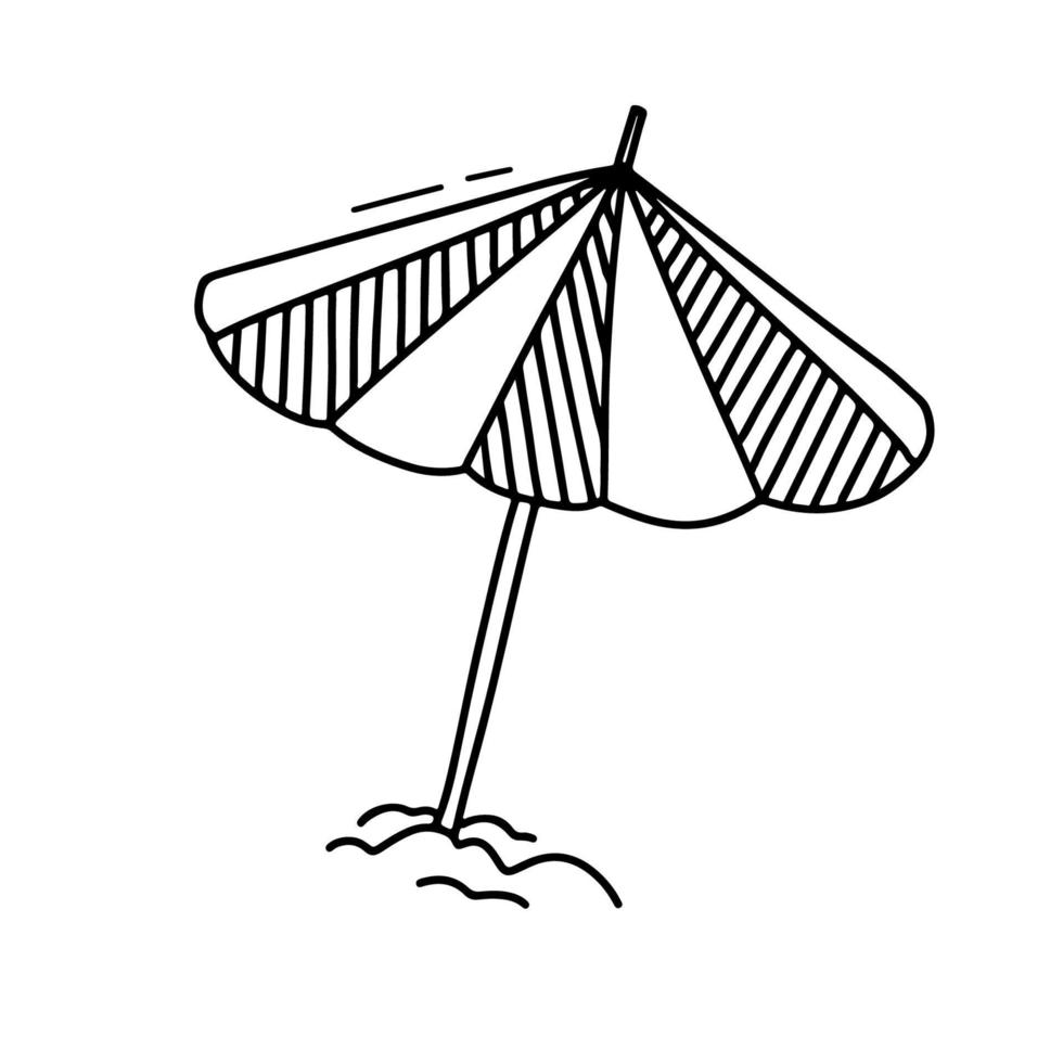 Big open umbrella on sand. Outline hand drawn doodle clipart isolated on white background. Line vector illustration, seaside vacation simbol