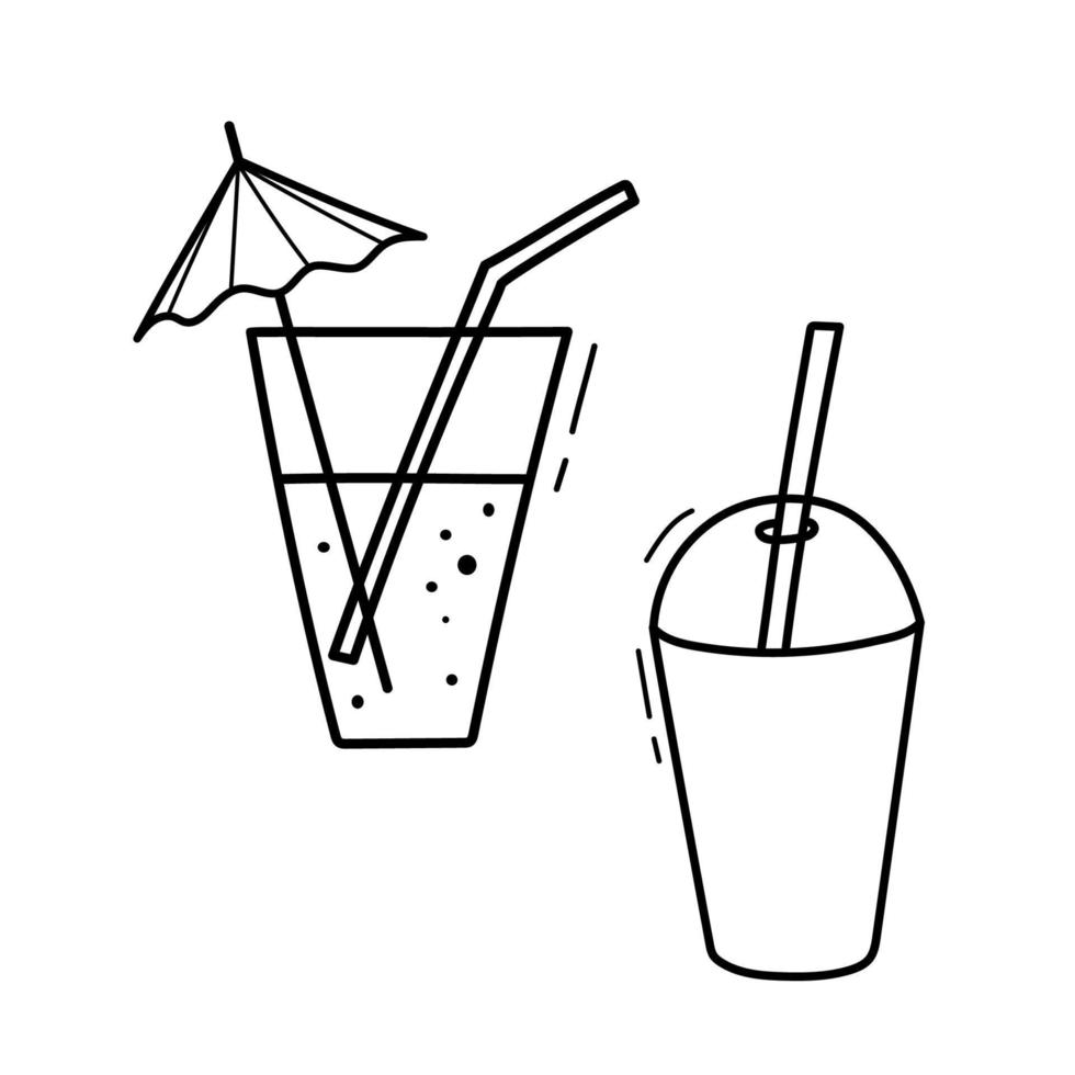 Cocktail with umbrella and straw in classic glass. Doodle vector icon isolated on white background.