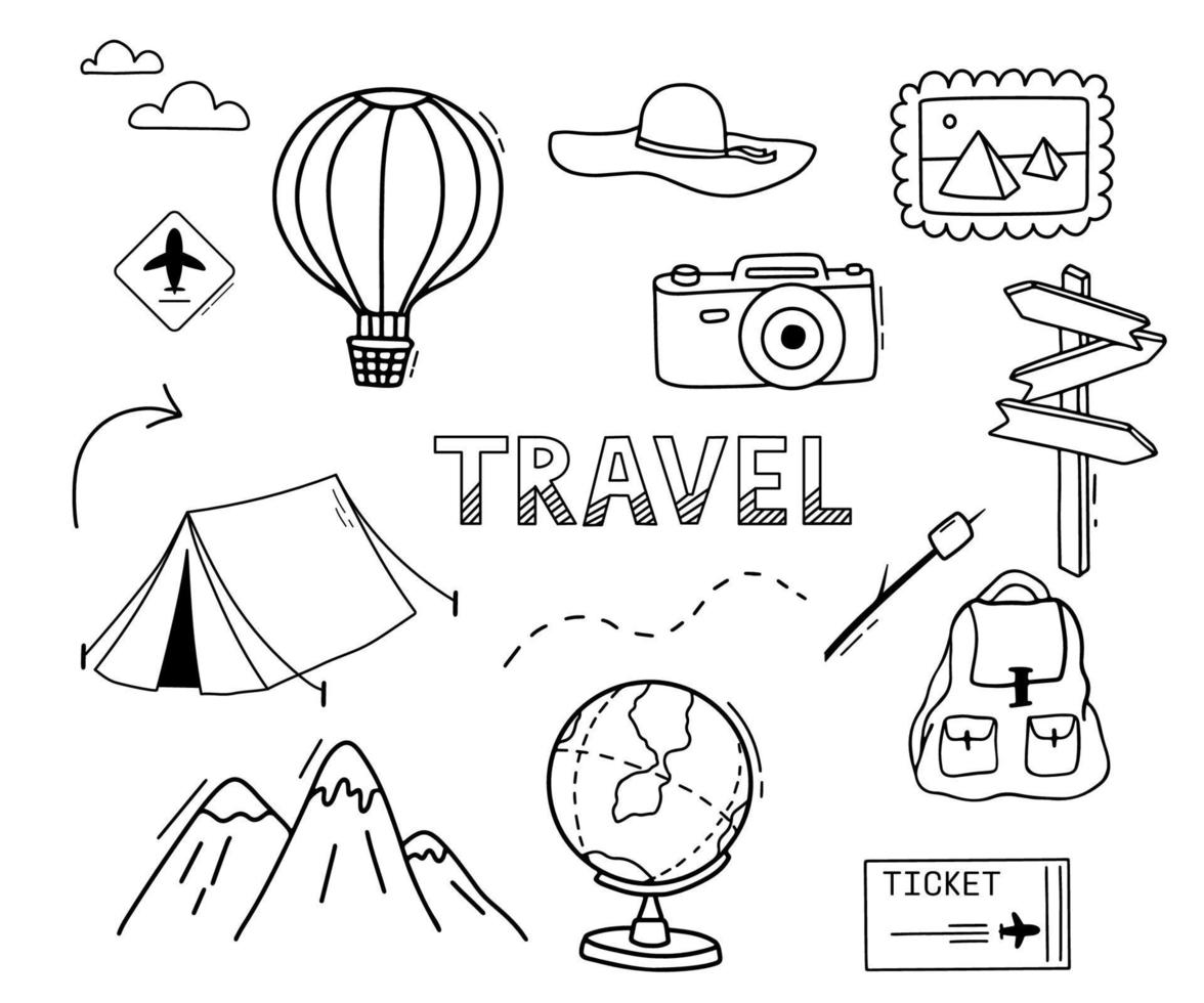 Camping, hiking, tent, mountains and road sign. Travel doodle set. Vector outline illustrations isolated on white
