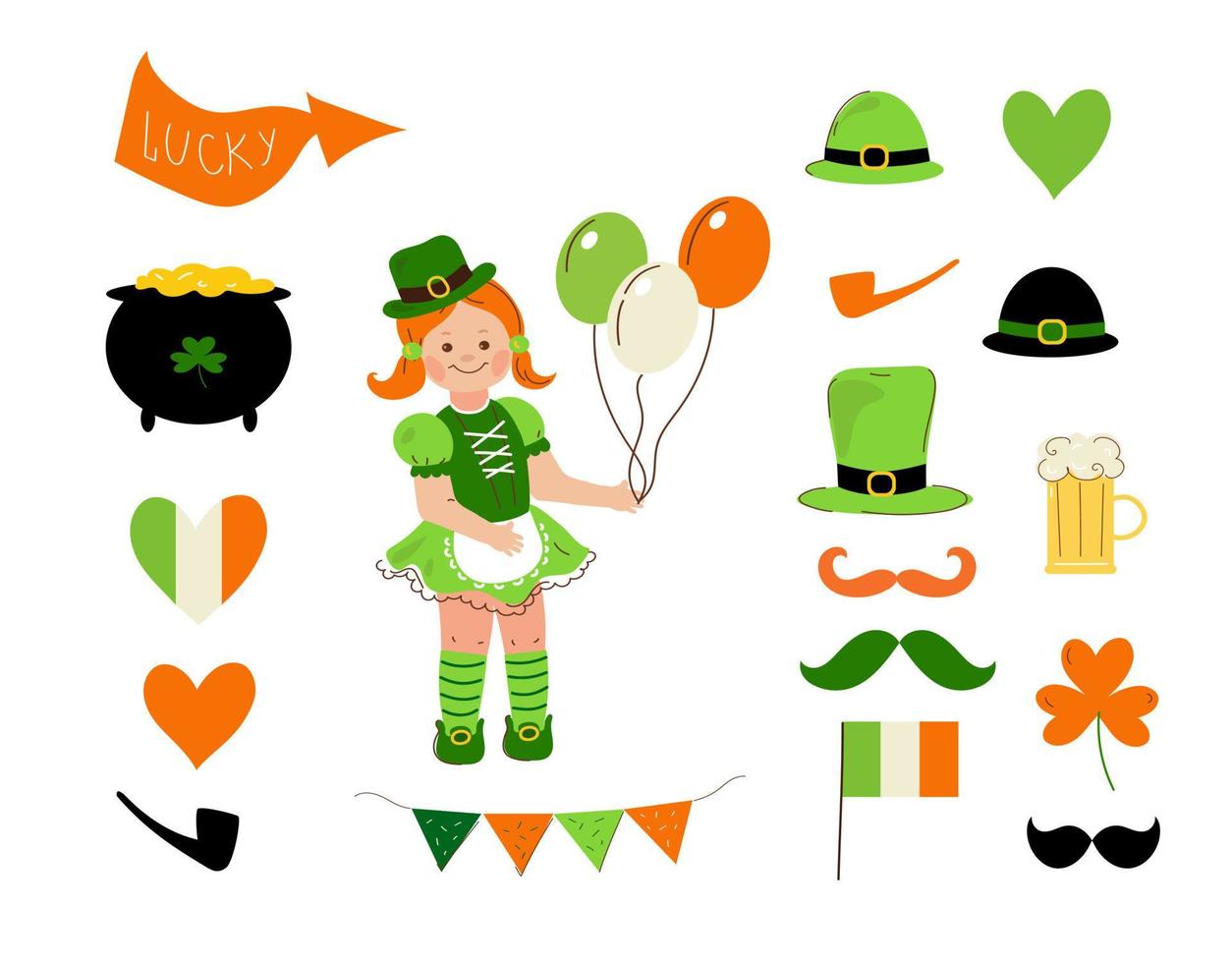 niña en trajes irlandeses. calle. patrick's day.vector doodle conjunto de dibujos animados ilustración. vector