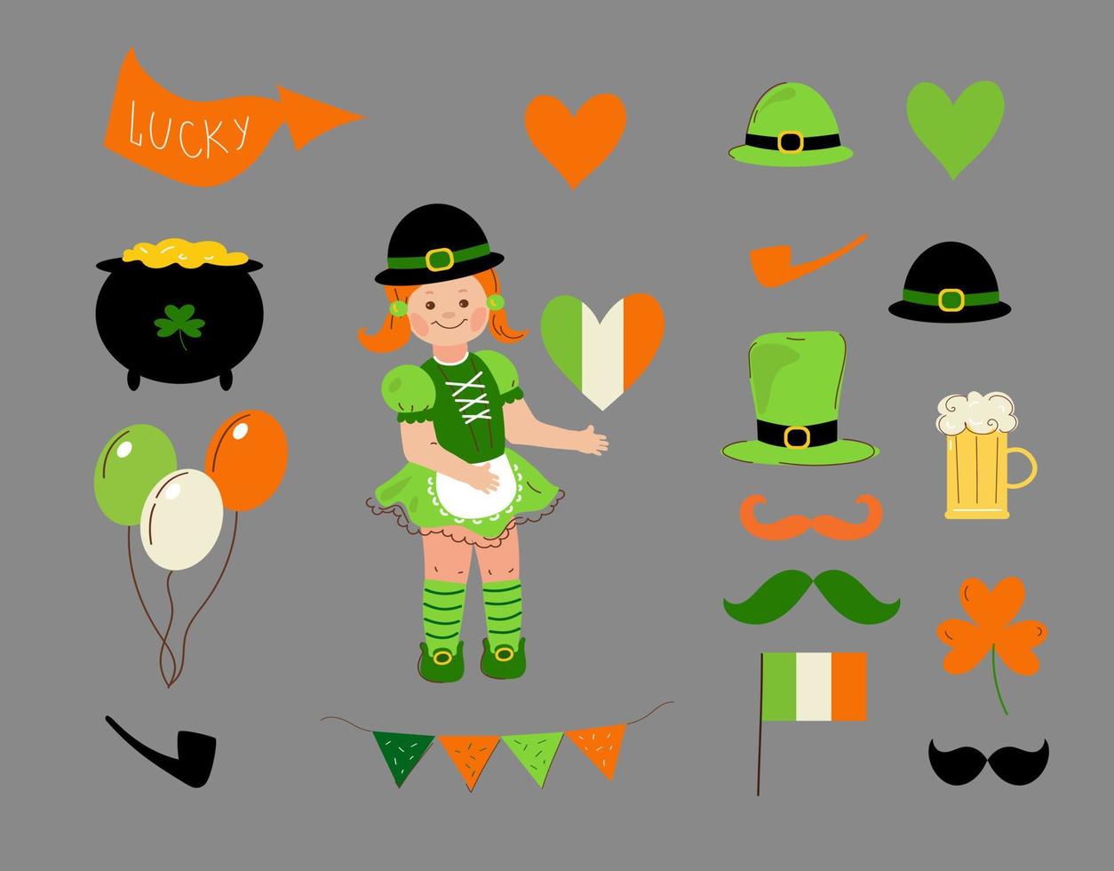 Little  girl in Irish costumes. St. Patrick's Day.Vector doodle cartoon set illustration. vector