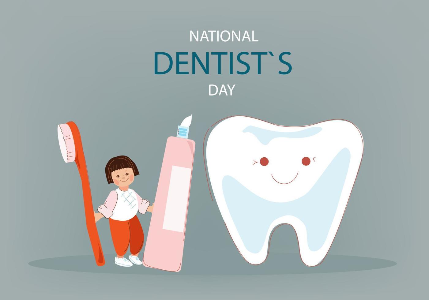 Little Girl cleaning big tooth . National dentist day horizontal banner.Vector doodle cartoon illustration. vector