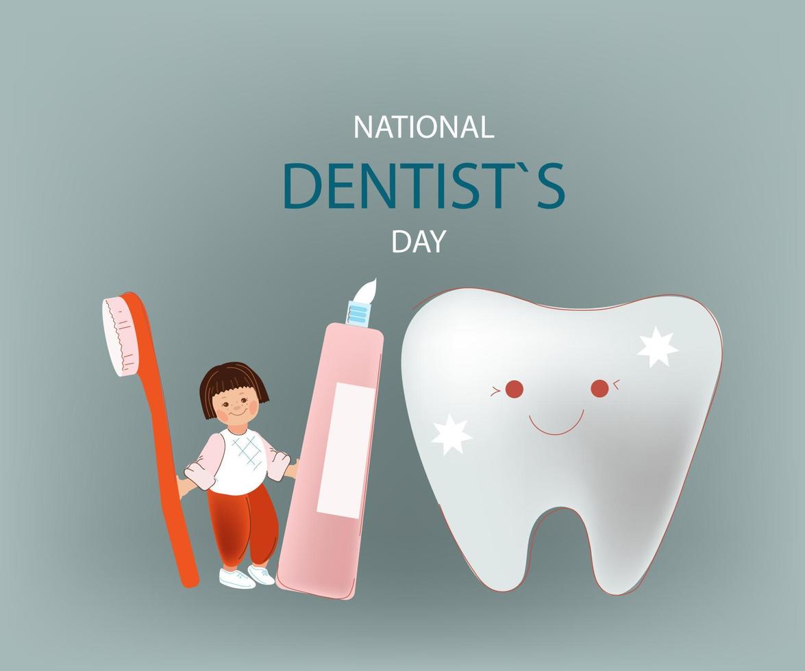 Little Girl cleaning big tooth . National dentist day horizontal banner.Vector doodle cartoon illustration. vector