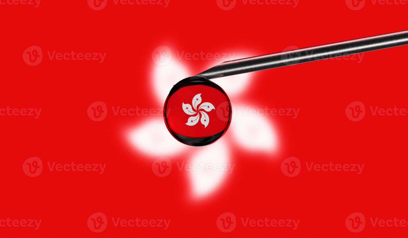 Vaccine syringe with drop on needle against national flag of Hong Kong background. Medical concept vaccination. Coronavirus Sars-Cov-2 pandemic protection. National safety idea. photo