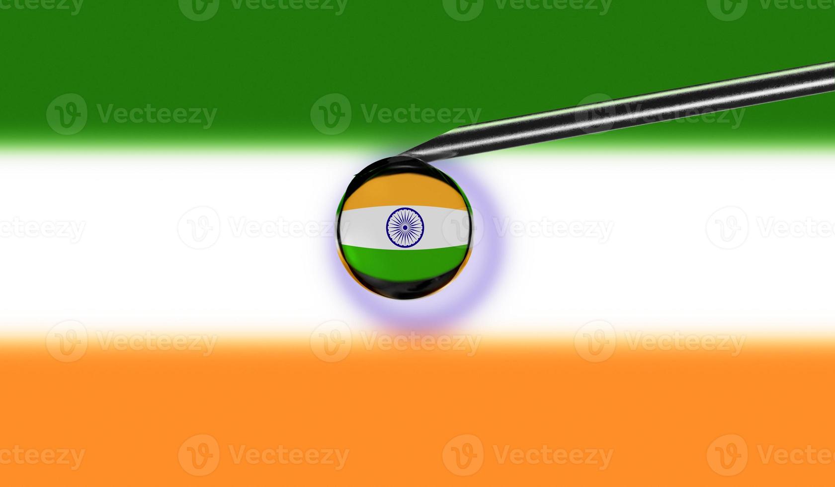 Vaccine syringe with drop on needle against national flag of India background. Medical concept vaccination. Coronavirus Sars-Cov-2 pandemic protection. National safety idea. photo