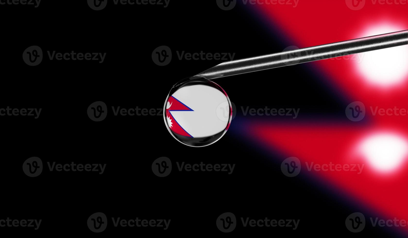 Vaccine syringe with drop on needle against national flag of Nepal background. Medical concept vaccination. Coronavirus Sars-Cov-2 pandemic protection. National safety idea. photo