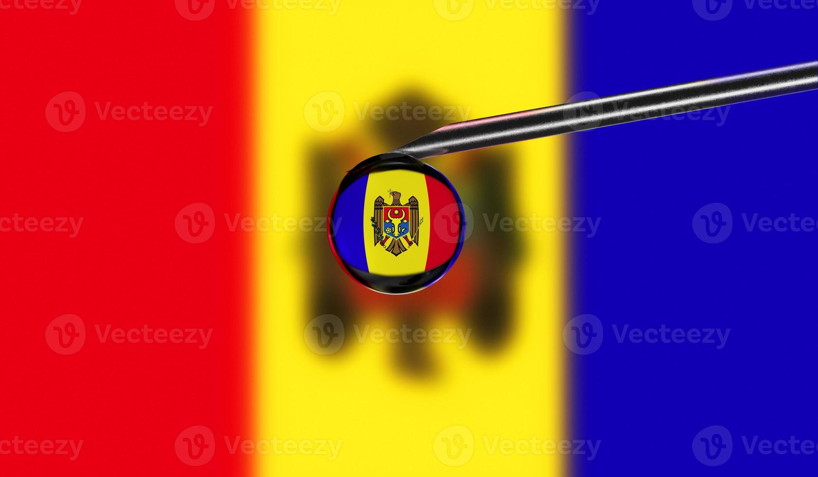 Vaccine syringe with drop on needle against national flag of Moldova background. Medical concept vaccination. Coronavirus Sars-Cov-2 pandemic protection. National safety idea. photo