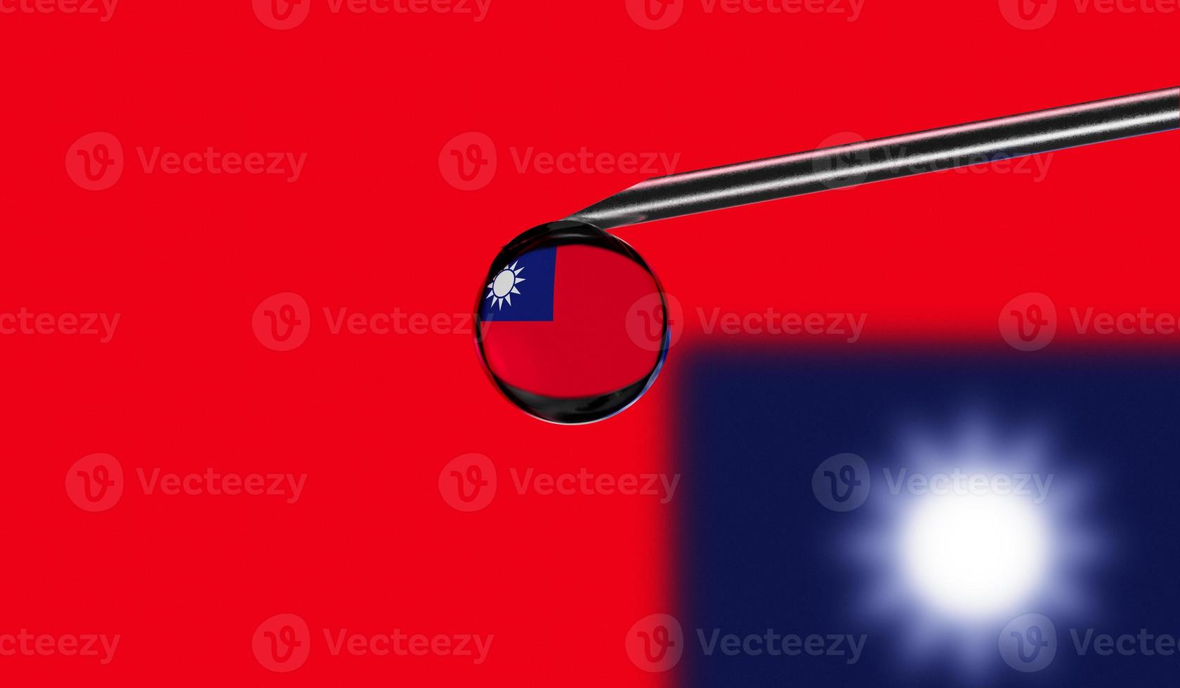 Vaccine syringe with drop on needle against national flag of Taiwan background. Medical concept vaccination. Coronavirus Sars-Cov-2 pandemic protection. National safety idea. photo