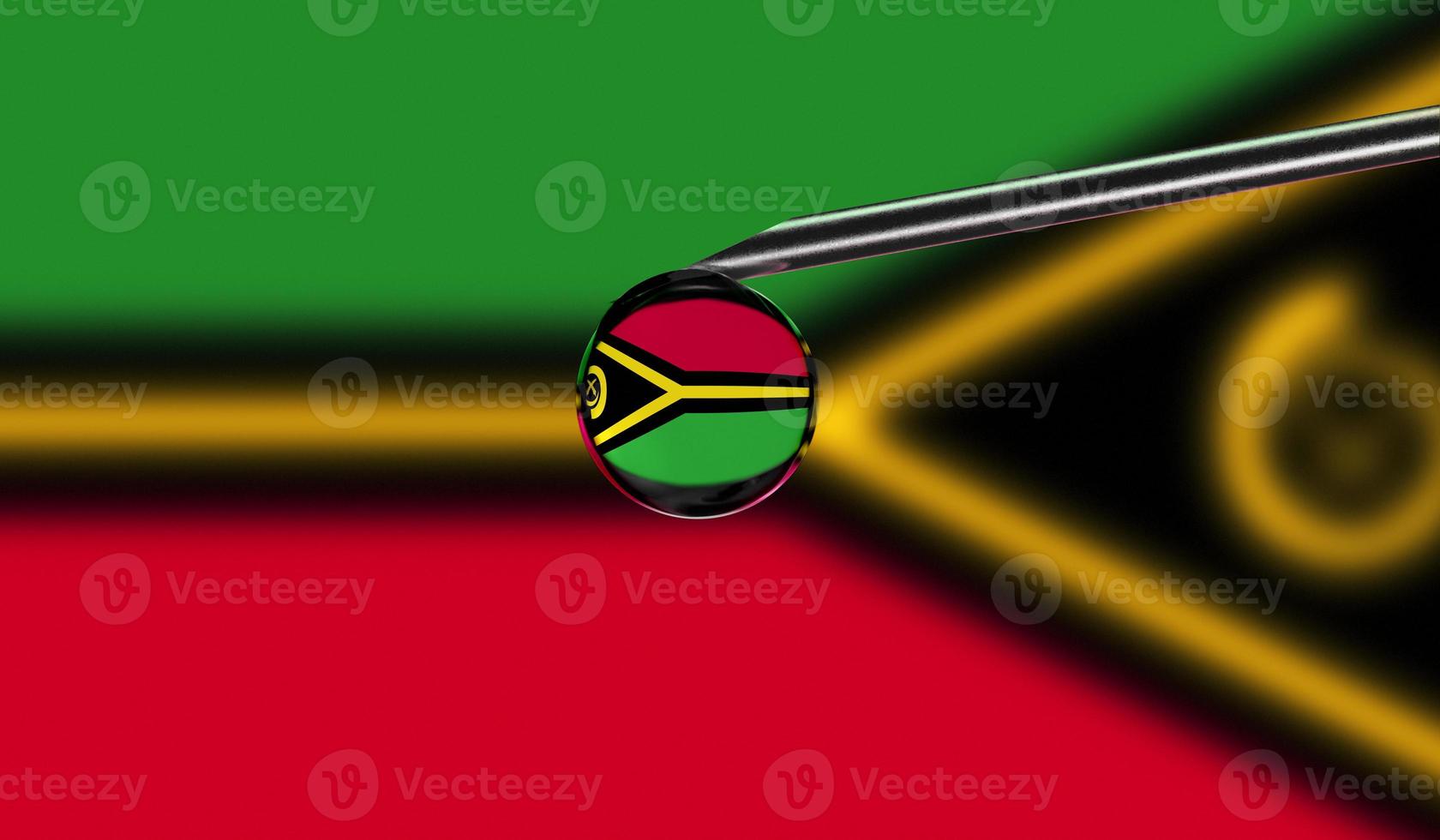 Vaccine syringe with drop on needle against national flag of Vanuatu background. Medical concept vaccination. Coronavirus Sars-Cov-2 pandemic protection. National safety idea. photo
