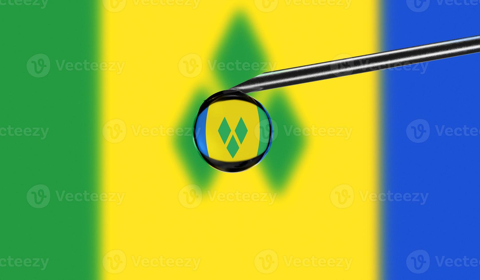 Vaccine syringe with drop on needle against national flag of Saint Vincent and the Grenadines background. Medical concept vaccination. Coronavirus Sars-Cov-2 pandemic protection. National safety idea. photo