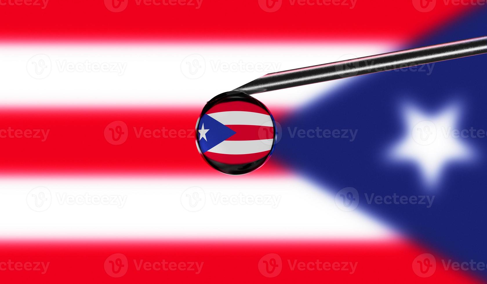 Vaccine syringe with drop on needle against national flag of Puerto Rico background. Medical concept vaccination. Coronavirus Sars-Cov-2 pandemic protection. National safety idea. photo