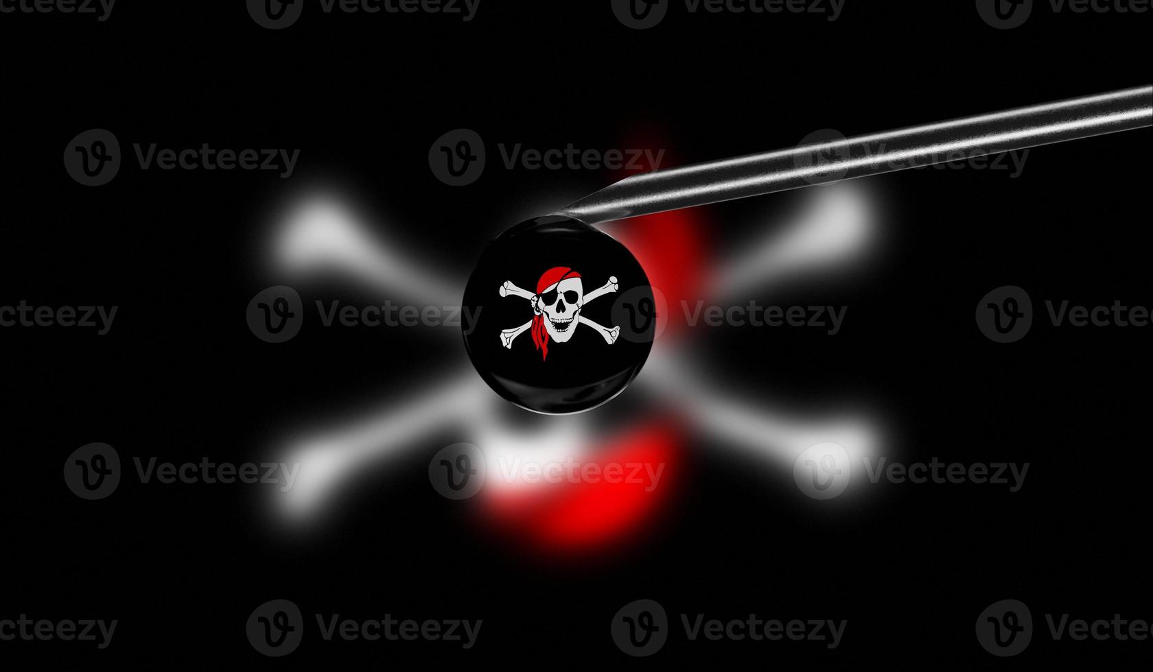 Vaccine syringe with drop on needle against national flag of Pirate Flag background. Medical concept vaccination. Coronavirus Sars-Cov-2 pandemic protection. National safety idea. photo